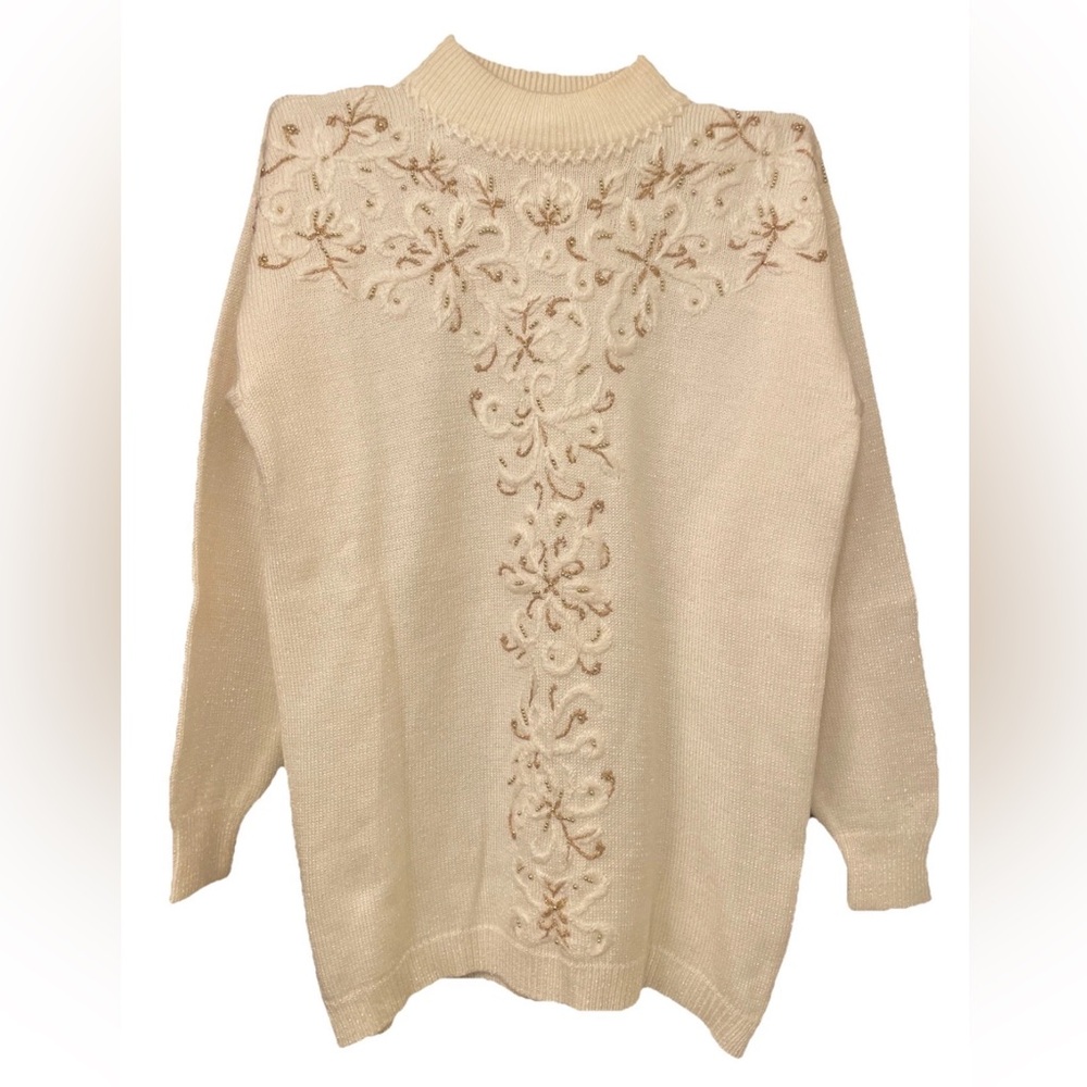 Vintage 80 Jocelyn Smith Sweater White Ivory Gold Embroidery Beads Long Sz Large
